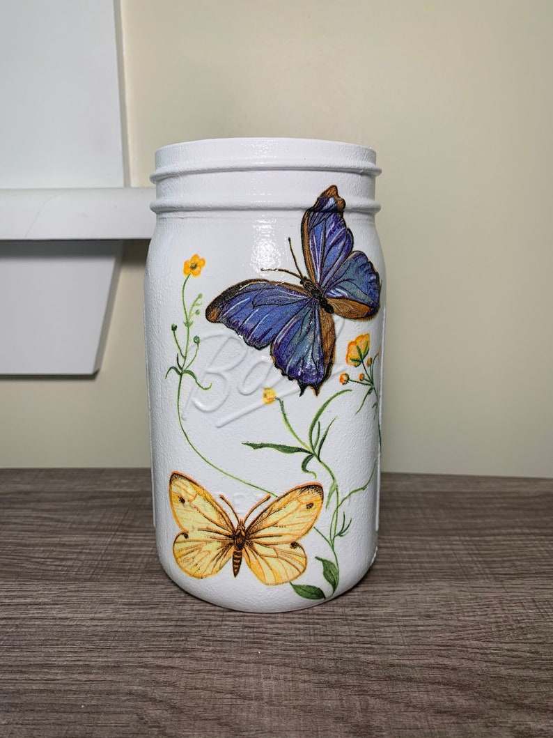 Butterflies & Flowers Vase Mason Jar Centerpiece Decoupage Etsy
