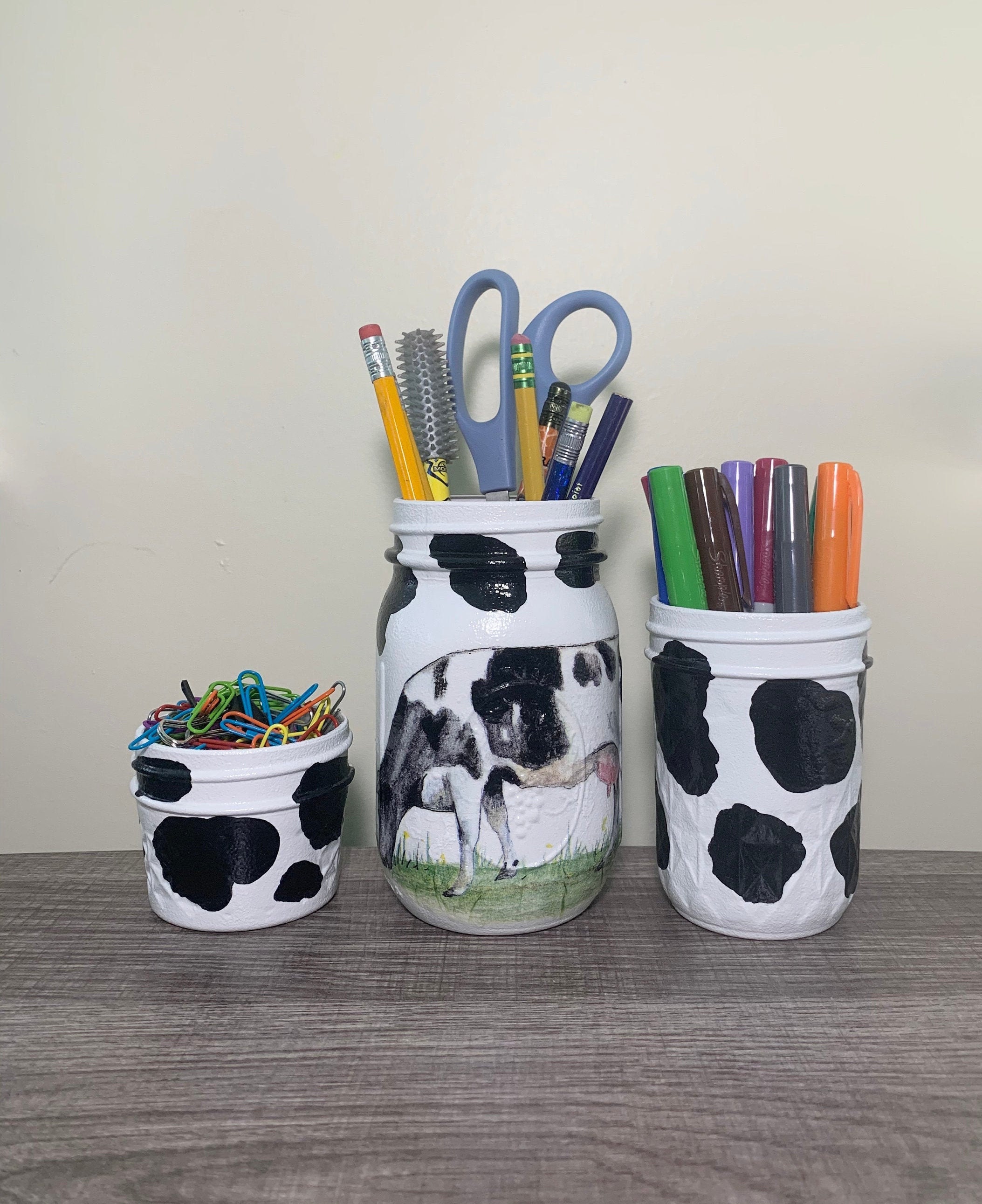 COW Mason Jar Desk Set Cow Print Decor Decoupage Jar Office Etsy