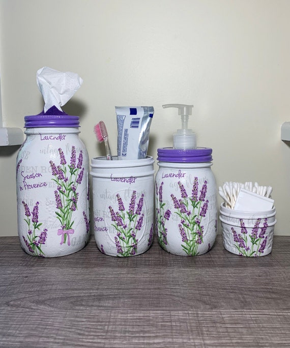 Vintage Lavender Bathroom Set Mason Jar Set Decoupage Jar Etsy