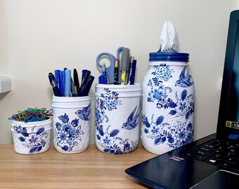 Birds in blue porcelain Mason Jar Desk Set, Decoupage Jar, Office Desk Organizer,Desk Office Decor, Office Desk Accessories, Office Supplies