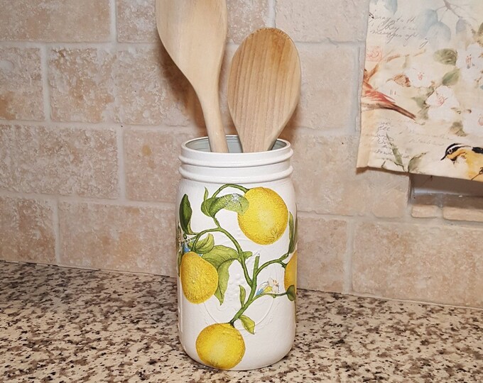 LEMON Utensil Holder and Wooden Spoon Lemon Kitchen Decor Etsy