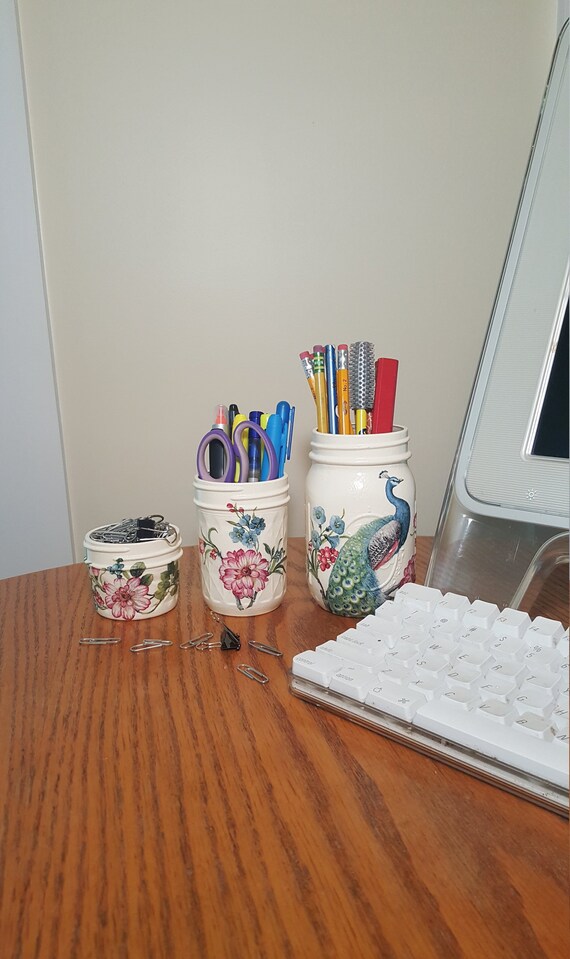 Peacock Flower Mason Jar Desk Set Decoupage Jar Office Etsy