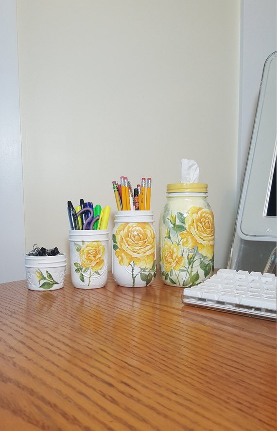 Yellow Rose Mason Jar Office Desk Decor Setoffice Desk Etsy