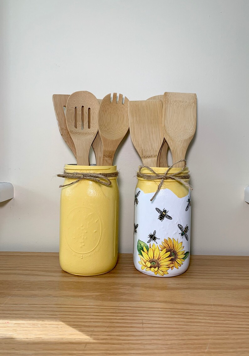 HONEY BEE Sunflower Utensil Holder Set Mason Jar Vase Etsy