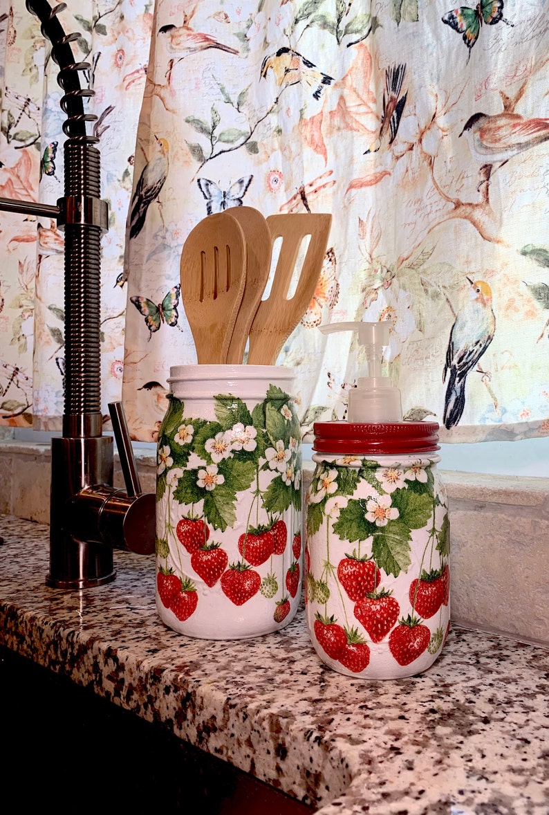 Set Of STRAWBERRY Mason Jar Soap dispenser & Utensil holder Etsy