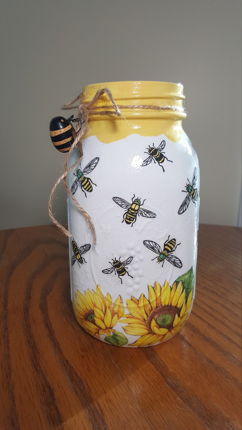 HONEY BEE  Sunflower Mason Jar Vase Mason Jar Centerpiece image 8