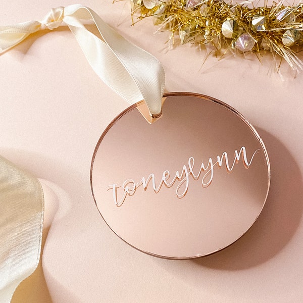 Custom Rose Gold Mirrored Acrylic Ornament Placecards