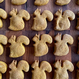 Könnte beinhalten: Nahaufnahme eines Holzbrettchens mit 18 selbstgemachten Hundefutter-Leckerlis in Form von Eichhörnchen. Die Leckerlis sind hellbraun und haben eine leicht raue Textur.