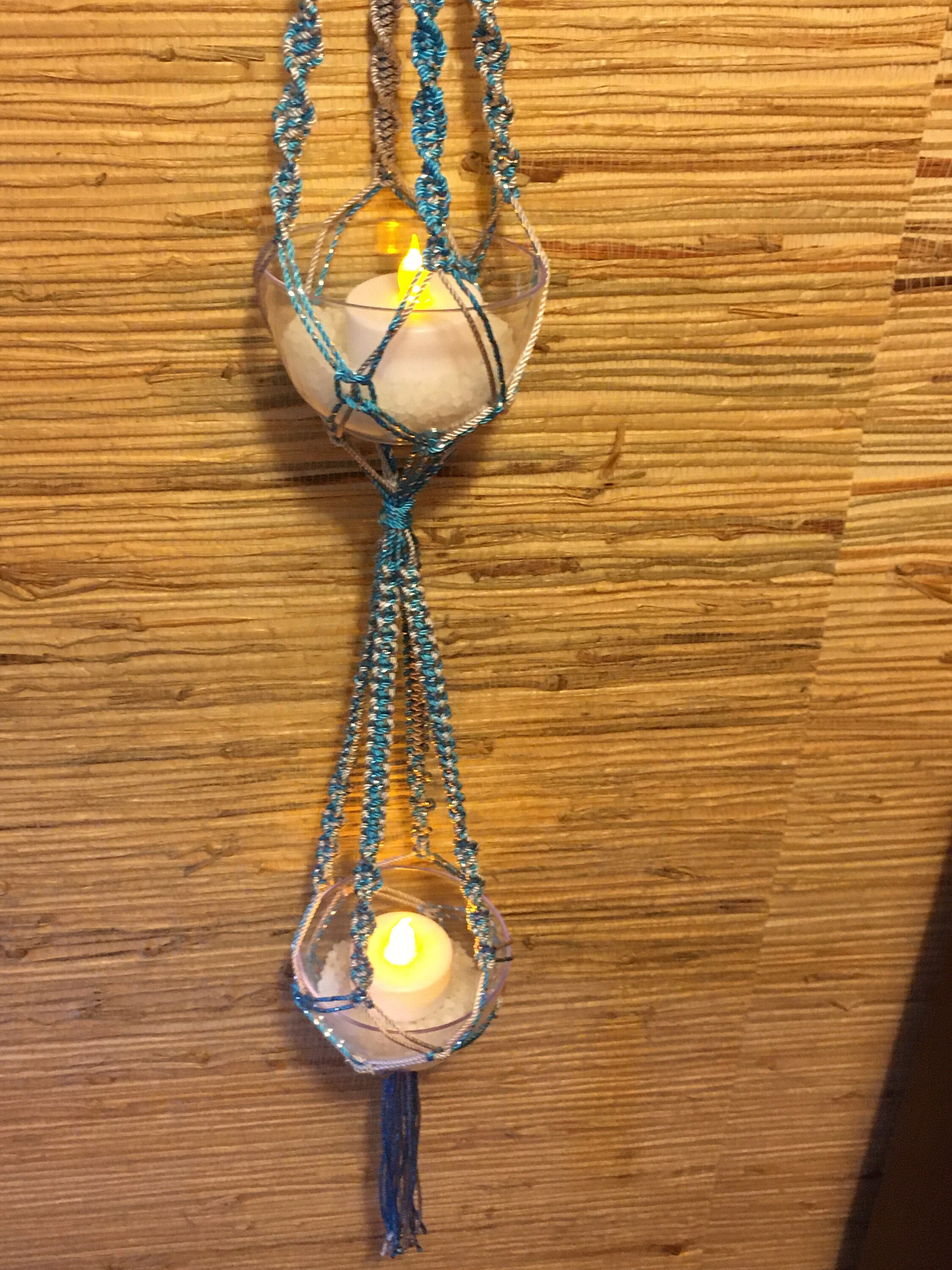Macrame Hanging Double Tier Tea Light Holder/Blue Hanging Etsy