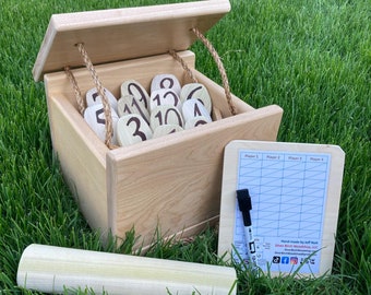 Personalized Deluxe Scatter Game with Hardwood Pins + Box/Rack | Customizable | Outdoor Scandinavian Throwing Game | Picnic-Beach-Lawn Game