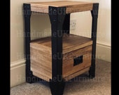 Industrial Bedside Table Vintage Side Cabinet Small Storage Drawer Shelf Rustic Solid Wood Metal Nightstand Unit Retro Plant Lamp Stand