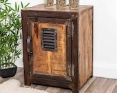 Industrial Side Cabinet Vintage Retro Bedside Table Small Storage Door Cupboard Unit Rustic Metal Shelf Solid Wood Furniture Plant Stand