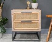 Rustic Bedside Table Vintage Rattan wicker Side Cabinet Industrial Style Unit Wooden Plant Lamp Stand Small Chest 2 Drawers Metal Furniture