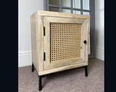 Rattan Bedside Table Rustic Solid Wood Side Cabinet Vintage Storage Nightstand Cupboard Small Metal Unit Industrial Style Plant Lamp Stand