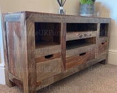 Rustic Grey Low Board Solid Wood TV Stand Vintage Retro Cabinet Storage Media Unit Industrial Style Furniture Console Table Drawers Shelf