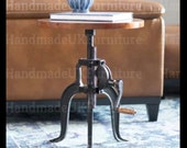Industrial Side Table Rustic Reclaimed Solid Wood Large Vintage Retro Style Coffee Round Metal End Small Adjustable Furniture Plant Stand