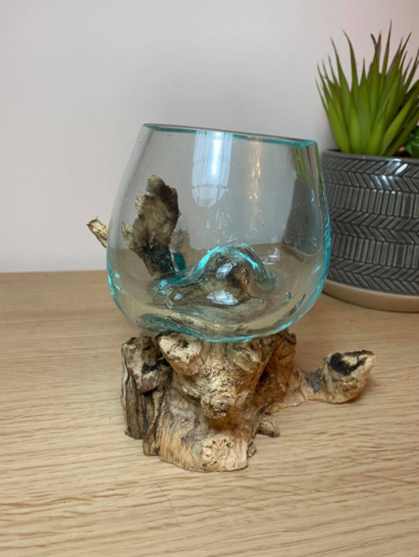 Melted Glass Bowl Rustic Solid Wood Candle Holder Small Etsy