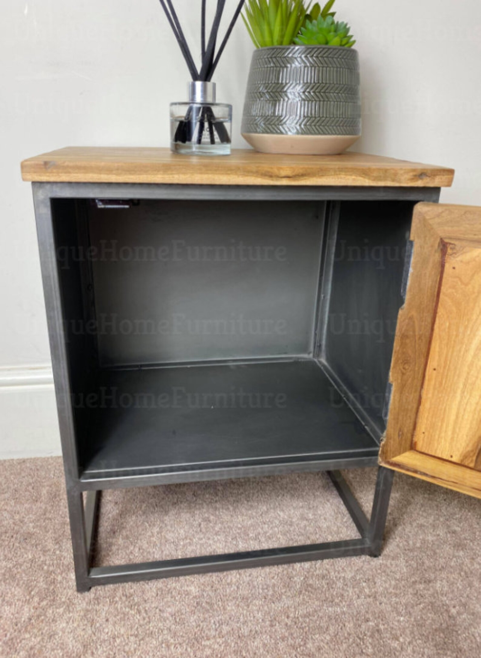 Industrial Bedside Table Rustic Metal Side Solid Wood Etsy