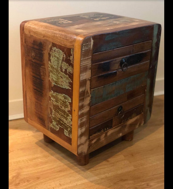 Vintage Bedside Table Small Industrial Style Side Cabinet Retro Bedroom Furniture Rustic Reclaimed Wood 2 Drawers Storage Nightstand Unit