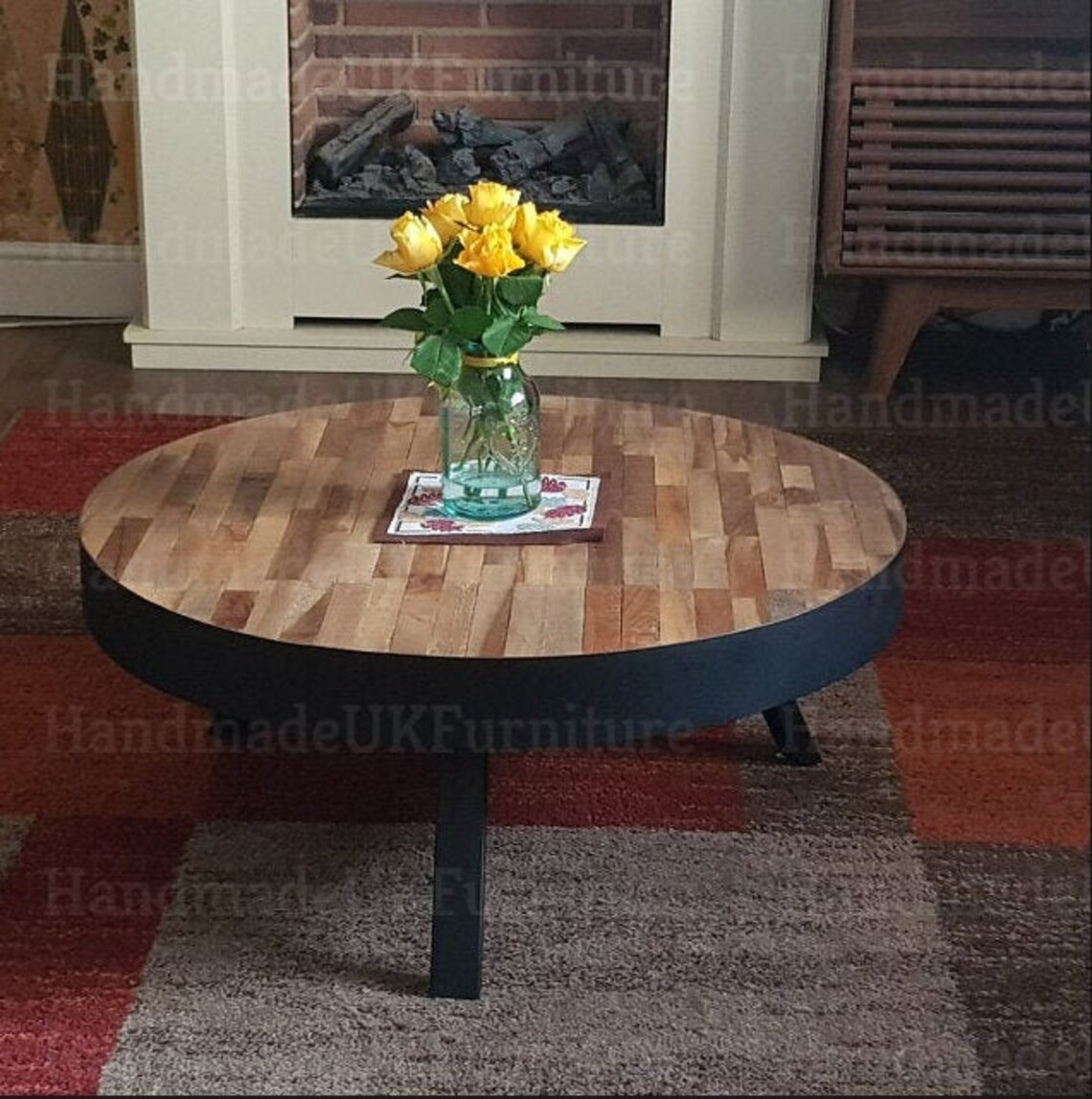 Round Industrial Coffee Table Rustic Solid Teak Wood Vintage Etsy
