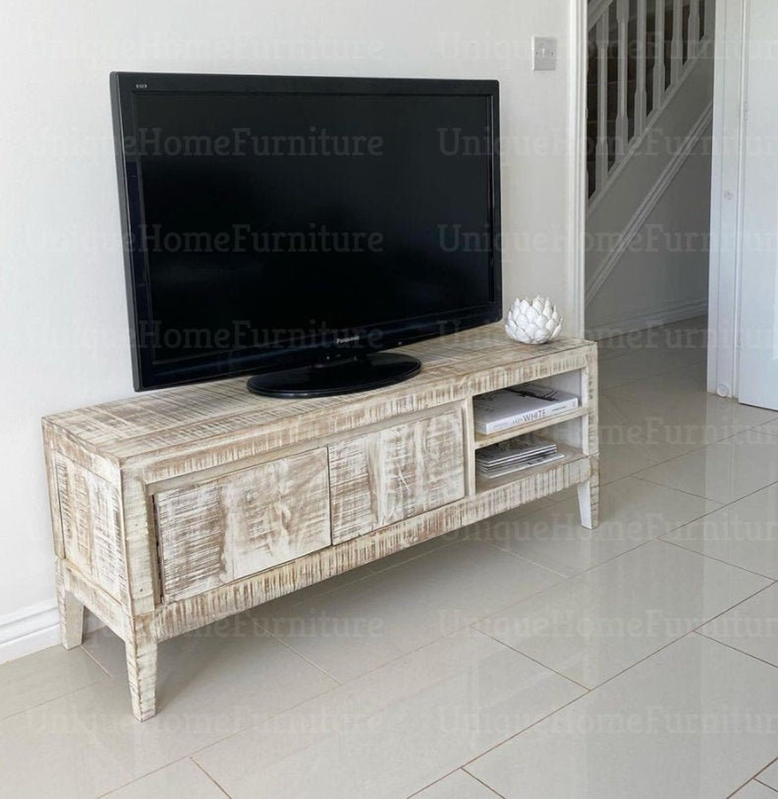 Rustic TV Stand White Washed Media Antique Solid Wood Etsy