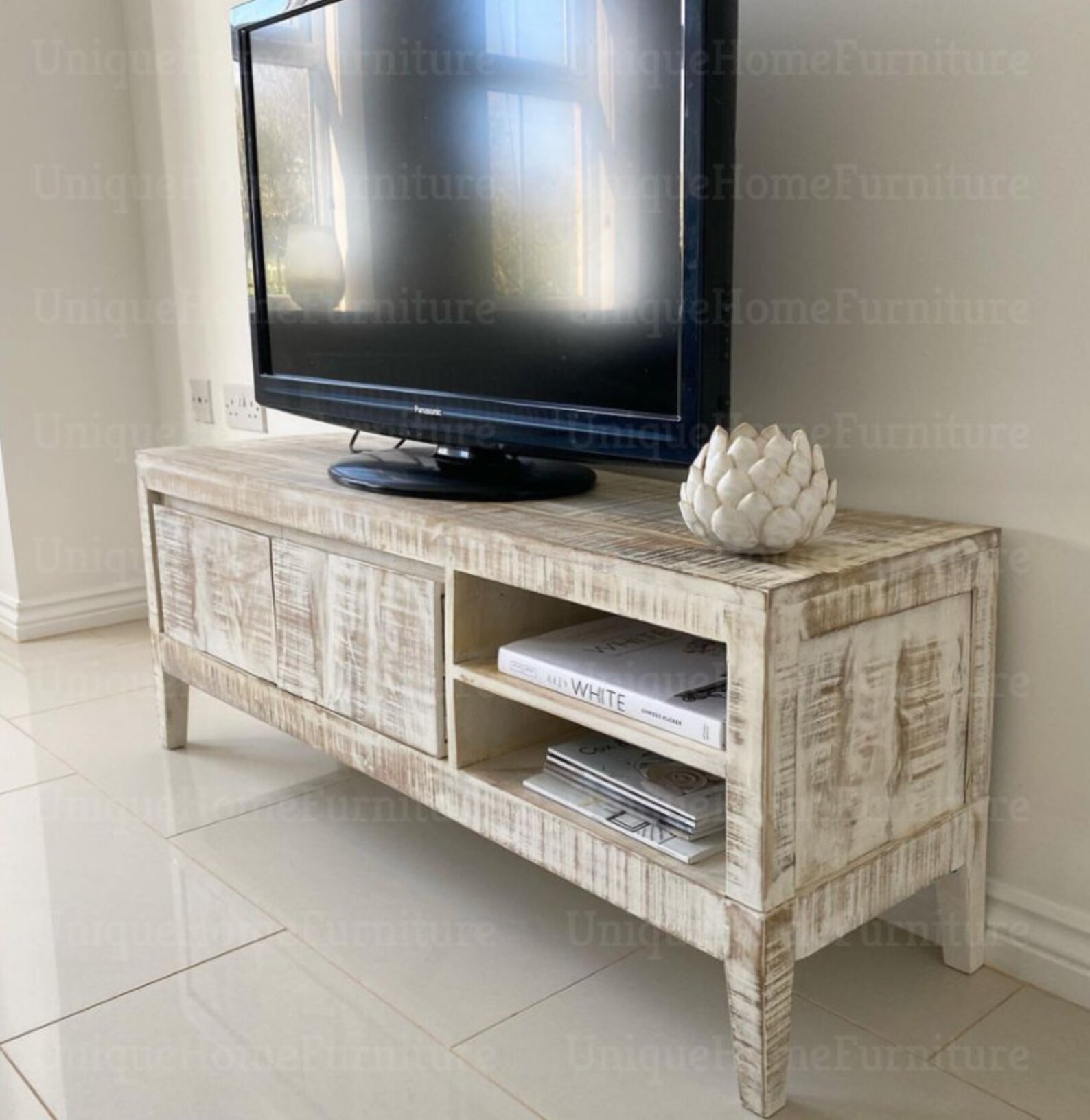 Rustic TV Stand White Washed Media Antique Solid Wood Etsy