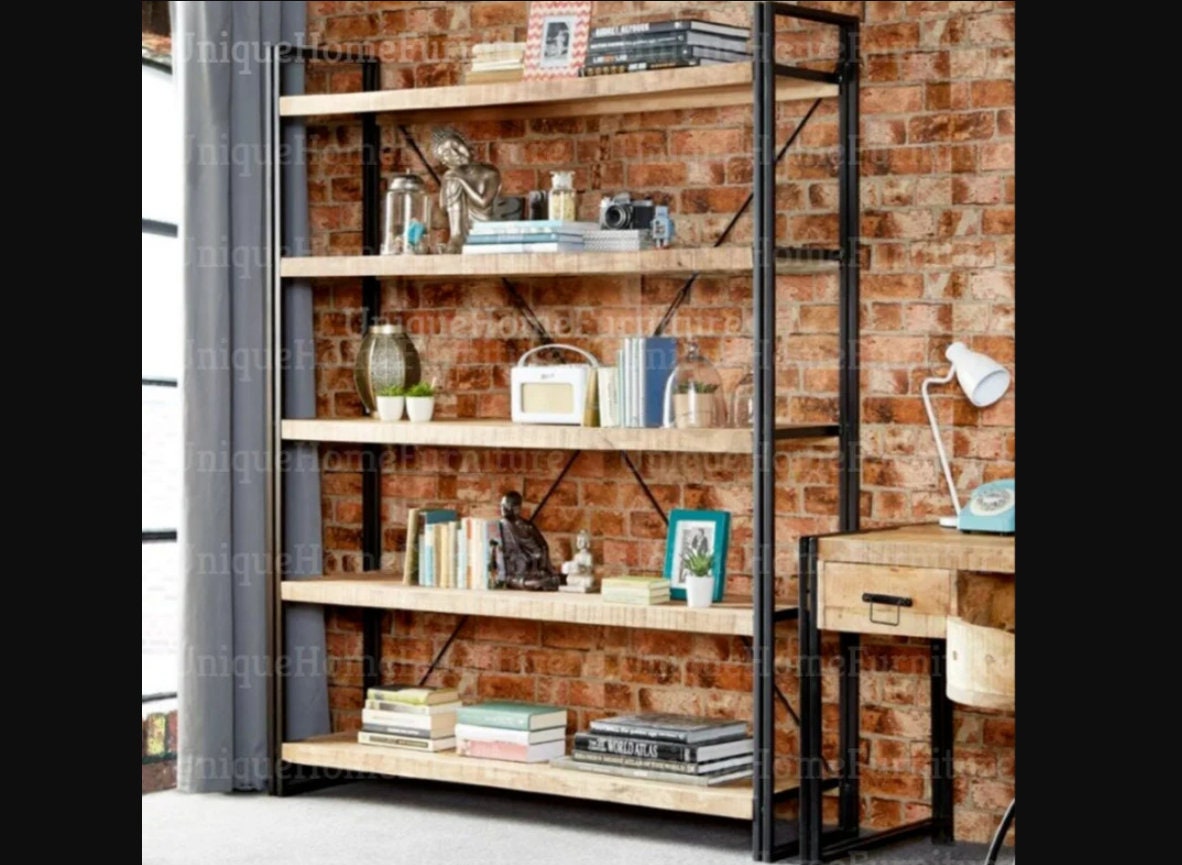 Grey Oak Rustic Bookcase Bookshelf Vintage Industrial Metal Display Tower Shelf 
