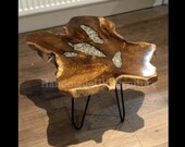 Industrial Side Table Rustic Solid Teak Wood Coffee End Furniture Vintage Retro Style Crushed Glass Small Plant Lamp Stand Metal Hairpin Leg