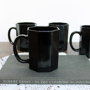 Set of (4) Vintage Arcoroc Octime Octagonal Black Mugs, Vintage Black Octagon Mugs, Black Glass Mugs