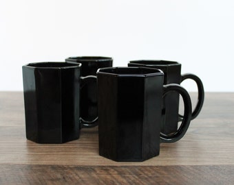 Set of (4) Vintage Arcoroc Octime Octagonal Black Mugs, Vintage Black Octagon Mugs, Black Glass Mugs