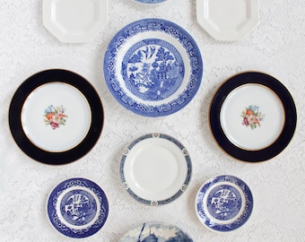 Mismatched Vintage Plate Set, Blue Transferware Gallery Wall Display