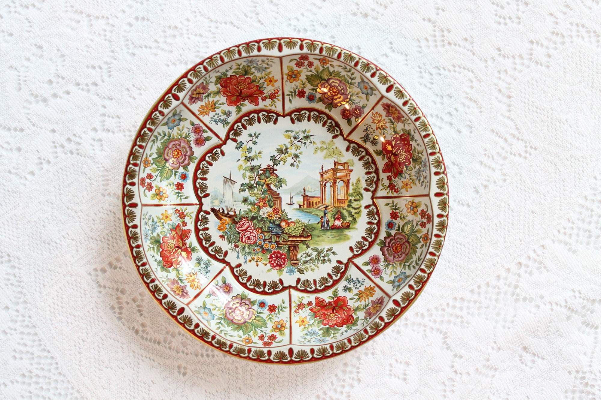 VTG Daher England boho floral tin round tray 16\u201d brown red orange green metal VTG Daher England boho floral tin round tray 16\u201d brown red orange green metal
