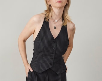Pinstripe Wool Halter Vest: Open Back Tailored Waistcoat