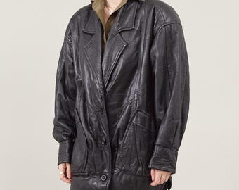 Jaqueta de couro preta vintage feminina tamanho P | Casaco de couro retrô oversized dos anos 80
