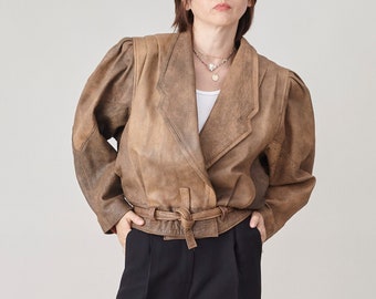 Vintage Brown Leather Jacket for Women Size 2 | Leather Crop Jacket with Exaggerated Shoulders and Tie Waist FTV1636