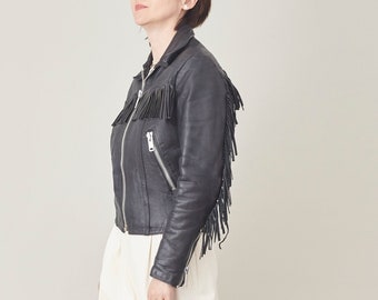 Vintage Black Leather Fringe Motorcycle Jacket - Size XS