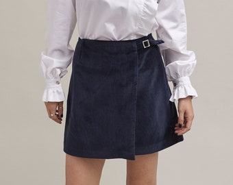 Handmade Velvet Mini Skirt for Women | Navy Cotton Velvet Wrap Skirt with Embellished Buckle FTN51_59COT