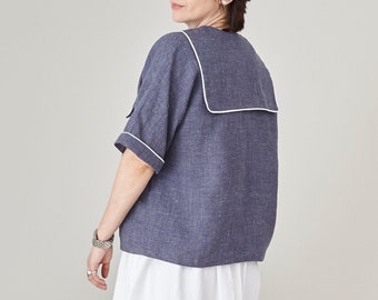 Blusa marinera de lino costero: Top náutico de manga corta