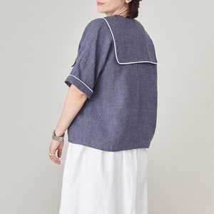 Coastal Linen Sailor Blouse: Short Sleeve Nautical Top