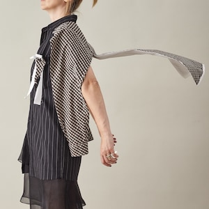 One-of-a-Kind Upcycled Women&#39;s Top with Flowing Cape and Sleeves | Unique Design, Long Black Striped Shirt size XS