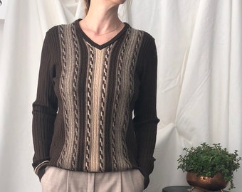 Vintage Wool Sweater for Women Size M | Valentino Brown Wool V-Neck Sweater - FTV24