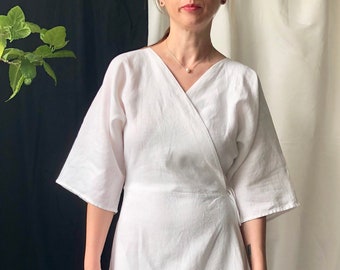 Handmade White Linen Wrap Dress for Women | Half Sleeve Midi Dress with Tie Waist, More Colors Available FTN7-2LIN