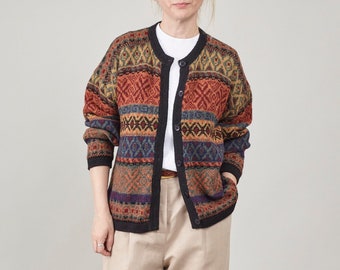 Cardigan vintage 100 % alpaga pour femme Taille S - M, BCBG, super doux, luxueux cardigan multicolore dans des tons ocre