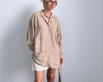 Vintage Raw Silk Oversized Shirt for Women / Natural Silk Shacket / Belted Jacket in Sand Beige