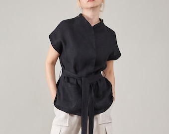 Blusa de lino sin mangas con cuello mandarín y cintura anudada estilo kimono de verano FTN42