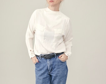 White Silk Blouse with Back Buttons, Funnel Collar, and Oversized Pockets for Women – Formal or Casual Chic Styling