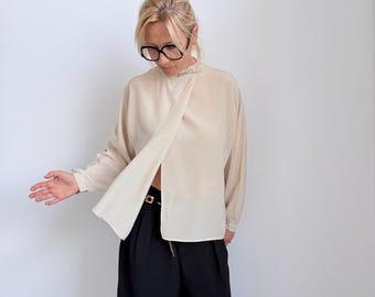 Vintage 100% Silk Blouse for Women | Ivory Draped Wrap Front Top with Lace Collar, Size US 10