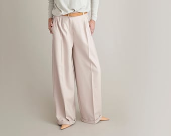 Handmade Wool Pants for Women | Wide Leg, Pleated Pants for Winter | Dusted Pink Trousers