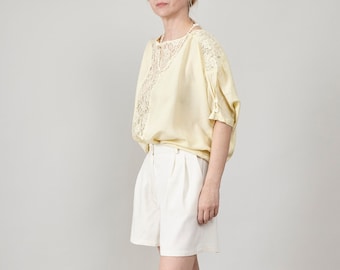 Vintage Butter Yellow Silk Blouse, Lace Detail, Oversized Fit, Women's S-L, Perfect for Summer and Daily Chic