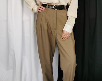 Handmade Wool Pleated Pants: Beige Tapered Trousers, High Waisted (Size XS)